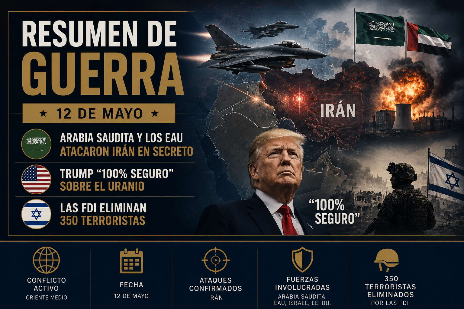 RESUMEN DE GUERRA — 12 DE MAYO: ARABIA SAUDITA Y LOS EAU ATACARON IRÁN EN SECRETO, TRUMP "100% SEGURO" SOBRE EL URANIO, Y LAS FDI ELIMINAN 350 TERRORISTAS