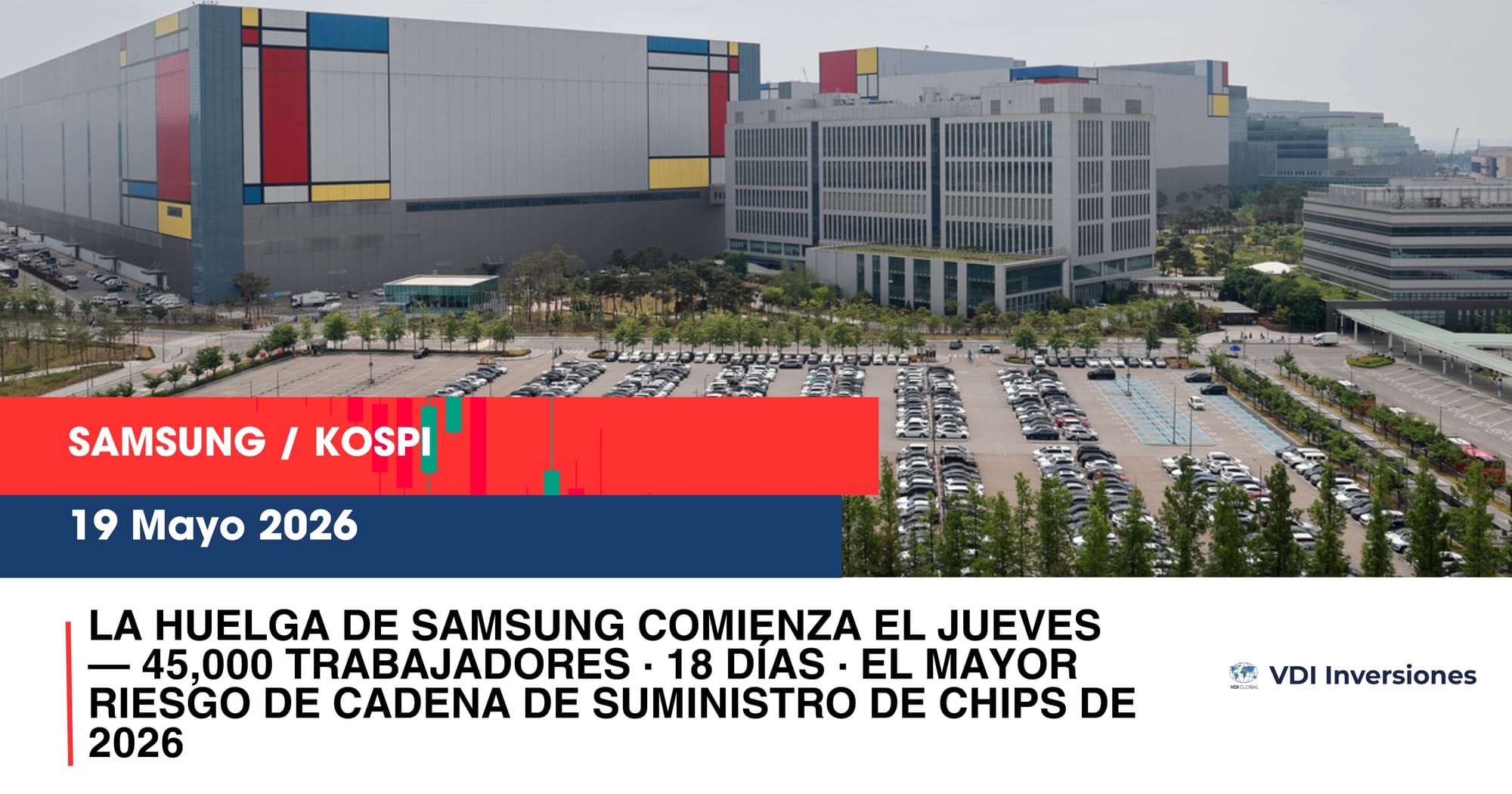 LA HUELGA DE SAMSUNG COMIENZA EL JUEVES — 45,000 TRABAJADORES · 18 DÍAS · EL MAYOR RIESGO DE CADENA DE SUMINISTRO DE CHIPS DE 2026