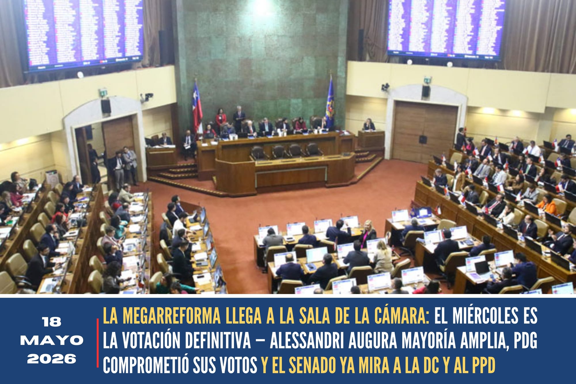 LA MEGARREFORMA LLEGA A LA SALA DE LA CÁMARA: EL MIÉRCOLES ES LA VOTACIÓN DEFINITIVA — ALESSANDRI AUGURA MAYORÍA AMPLIA, PDG COMPROMETIÓ SUS VOTOS Y EL SENADO YA MIRA A LA DC Y AL PPD