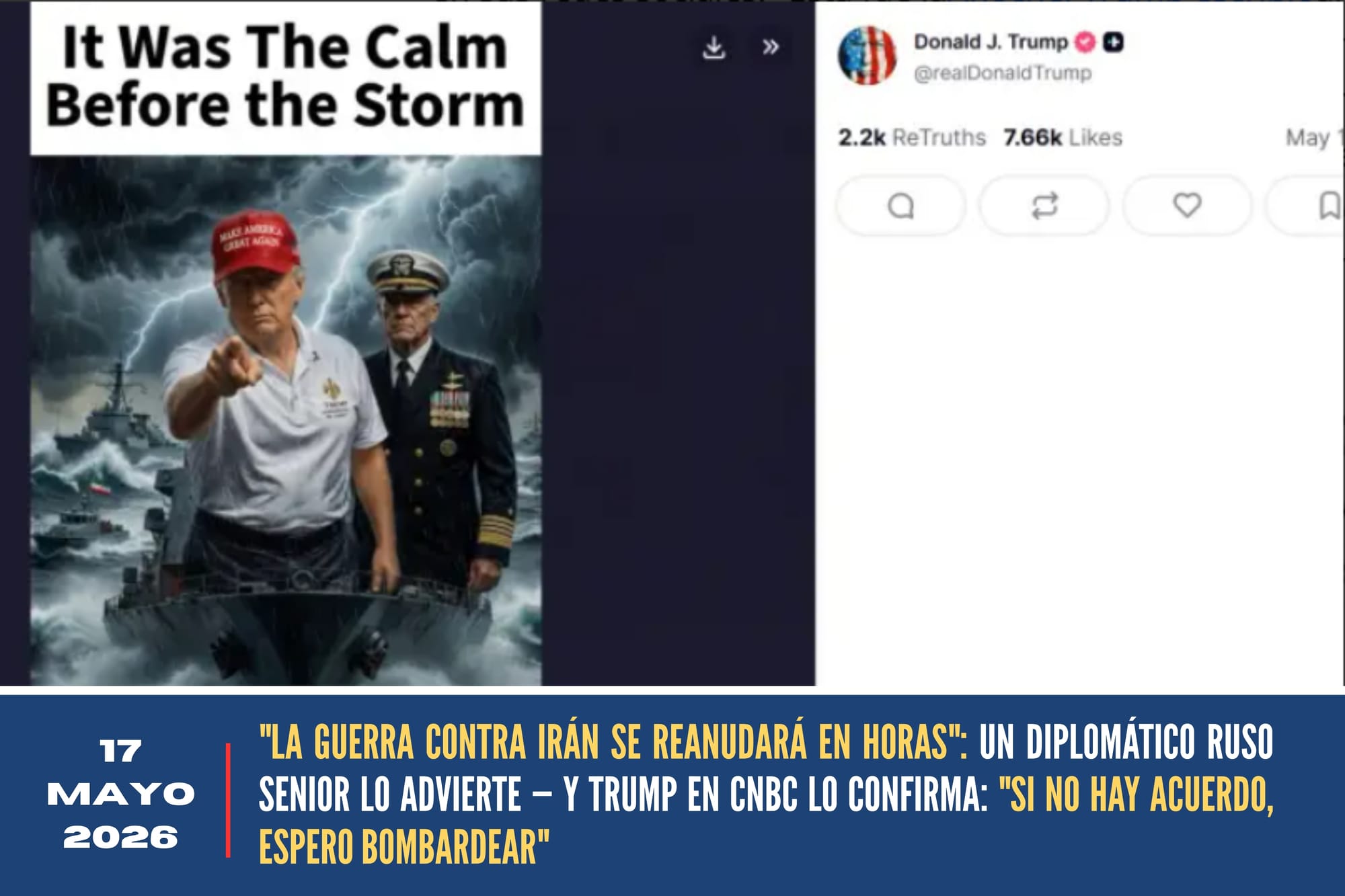 "LA GUERRA CONTRA IRÁN SE REANUDARÁ EN HORAS": UN DIPLOMÁTICO RUSO SENIOR LO ADVIERTE — Y TRUMP EN CNBC LO CONFIRMA: "SI NO HAY ACUERDO, ESPERO BOMBARDEAR"