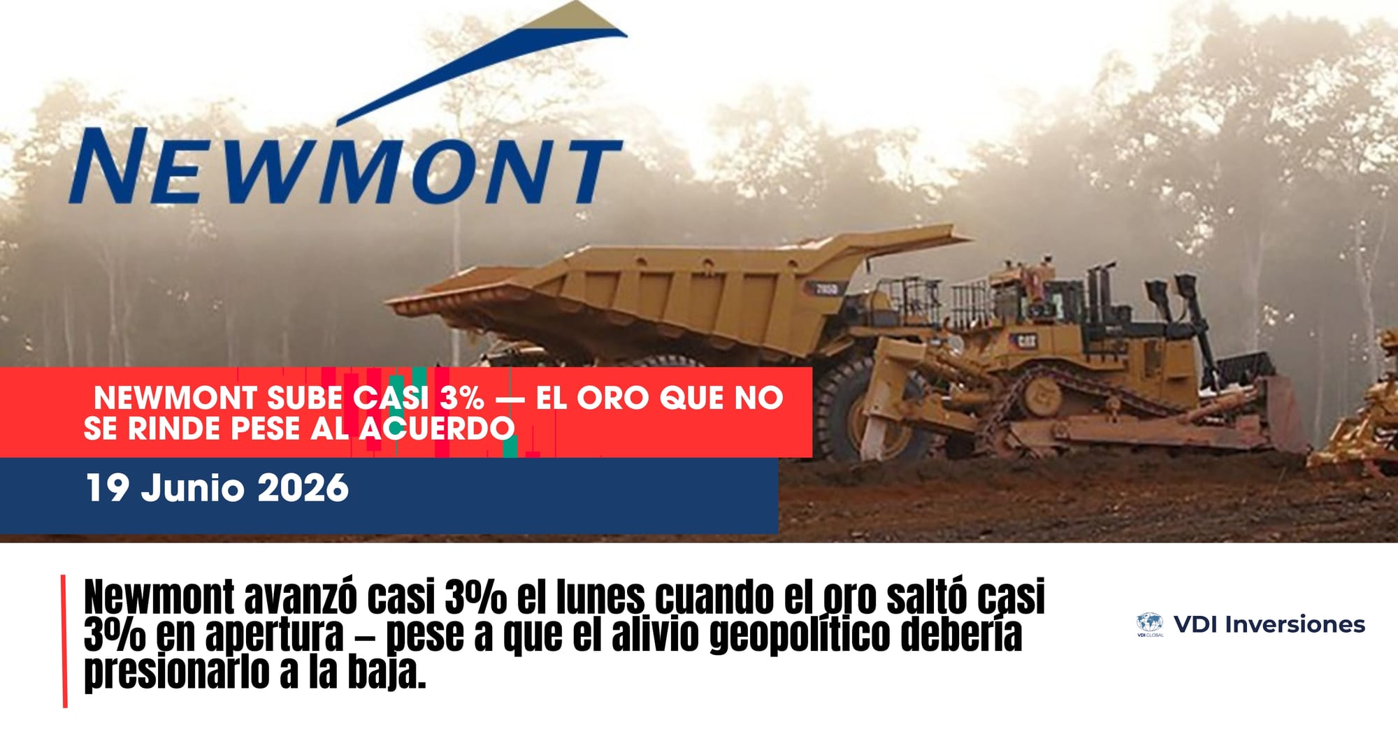 Newmont avanzó casi 3% el lunes cuando el oro saltó casi 3% en apertura — pese a que el alivio geopolítico debería presionarlo a la baja.