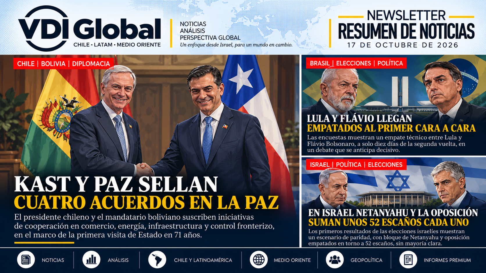 KAST Y PAZ SELLAN CUATRO ACUERDOS EN LA PAZ, LULA Y FLÁVIO LLEGAN EMPATADOS AL PRIMER CARA A CARA Y EN ISRAEL NETANYAHU Y LA OPOSICIÓN SUMAN UNOS 52 ESCAÑOS CADA UNO