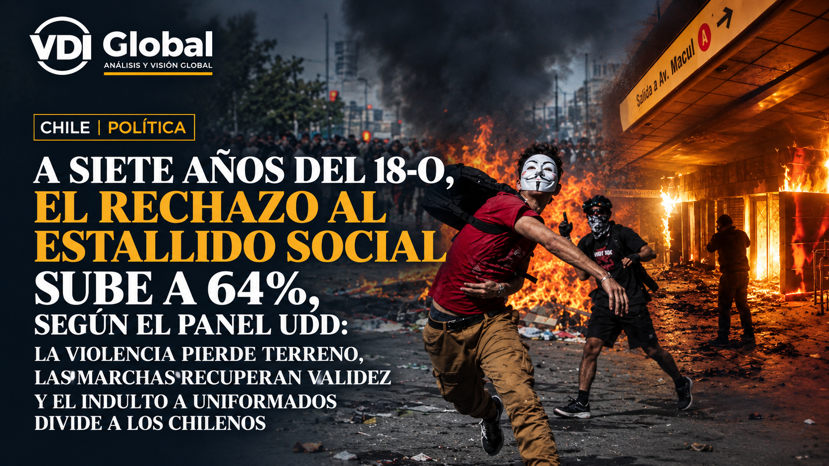 A SIETE AÑOS DEL 18-O, EL RECHAZO AL ESTALLIDO SOCIAL SUBE A 64%, SEGÚN EL PANEL UDD: LA VIOLENCIA PIERDE TERRENO, LAS MARCHAS RECUPERAN VALIDEZ Y EL INDULTO A UNIFORMADOS DIVIDE A LOS CHILENOS