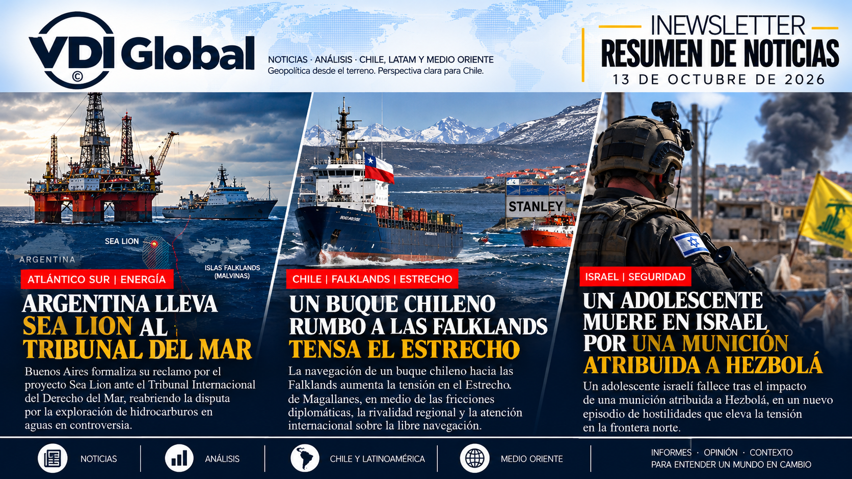 ARGENTINA LLEVA SEA LION AL TRIBUNAL DEL MAR, UN BUQUE CHILENO RUMBO A LAS FALKLANDS TENSA EL ESTRECHO Y UN ADOLESCENTE MUERE EN ISRAEL POR UNA MUNICIÓN ATRIBUIDA A HEZBOLÁ