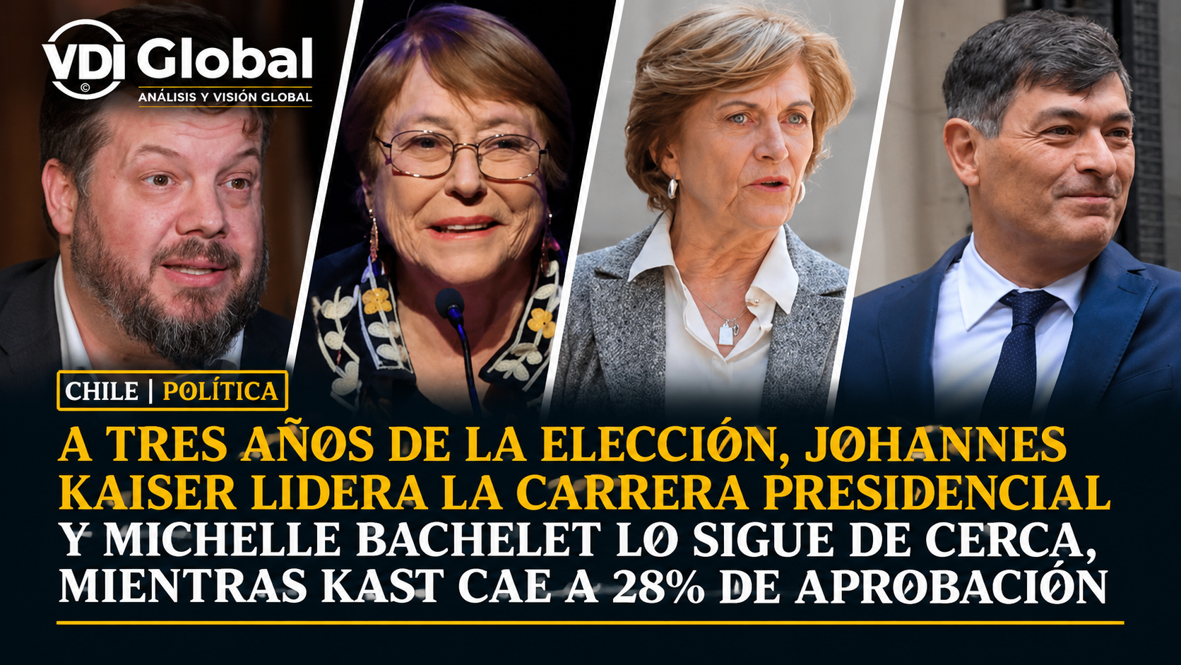 A TRES AÑOS DE LA ELECCIÓN, JOHANNES KAISER LIDERA LA CARRERA PRESIDENCIAL Y MICHELLE BACHELET LO SIGUE DE CERCA, MIENTRAS KAST CAE A 28% DE APROBACIÓN