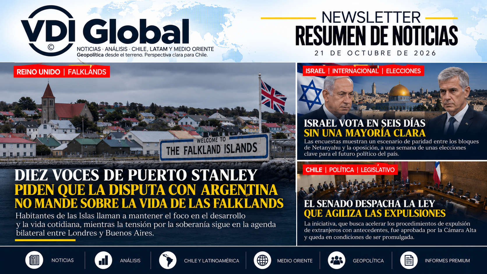 DIEZ VOCES DE PUERTO STANLEY PIDEN QUE LA DISPUTA CON ARGENTINA NO MANDE SOBRE LA VIDA DE LAS FALKLANDS, ISRAEL VOTA EN SEIS DÍAS SIN UNA MAYORÍA CLARA Y EL SENADO DESPACHA LA LEY QUE AGILIZA LAS EXPULSIONES