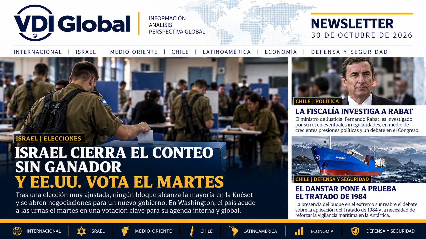ISRAEL CIERRA EL CONTEO SIN GANADOR Y EE.UU. VOTA EL MARTES; EN CHILE, LA FISCALÍA INVESTIGA A RABAT Y EL DANSTAR PONE A PRUEBA EL TRATADO DE 1984