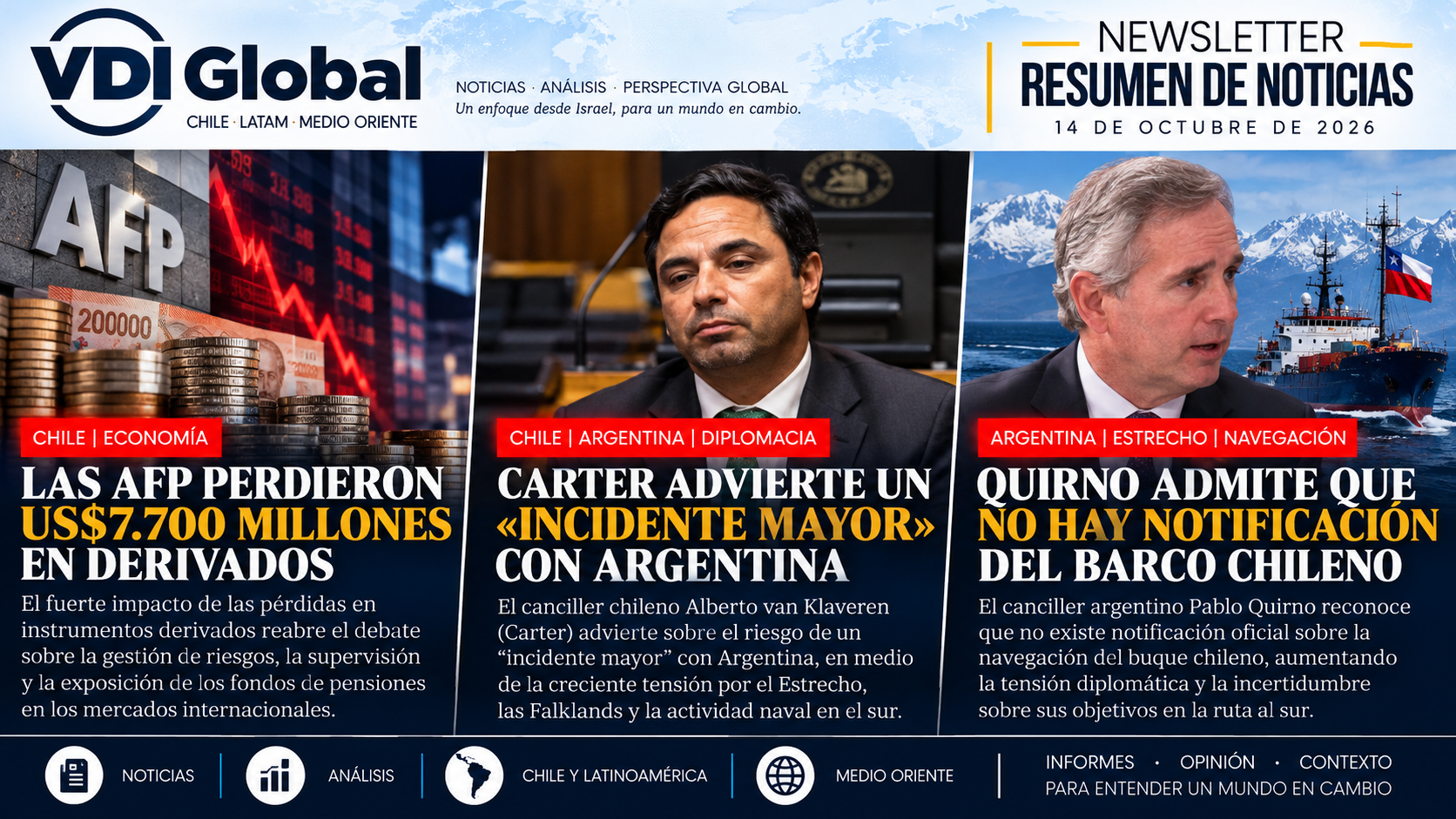 LAS AFP PERDIERON US$7.700 MILLONES EN DERIVADOS, CARTER ADVIERTE UN «INCIDENTE MAYOR» CON ARGENTINA Y QUIRNO ADMITE QUE NO HAY NOTIFICACIÓN DEL BARCO CHILENO