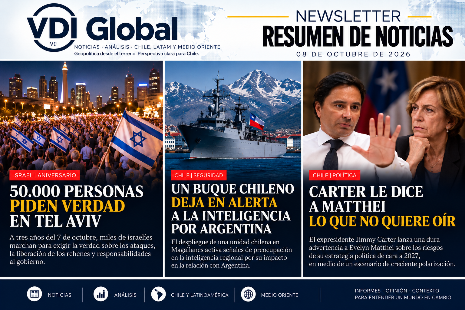 50.000 PERSONAS PIDEN VERDAD EN TEL AVIV, UN BUQUE CHILENO DEJA EN ALERTA A LA INTELIGENCIA POR ARGENTINA Y CARTER LE DICE A MATTHEI LO QUE NO QUIERE OÍR