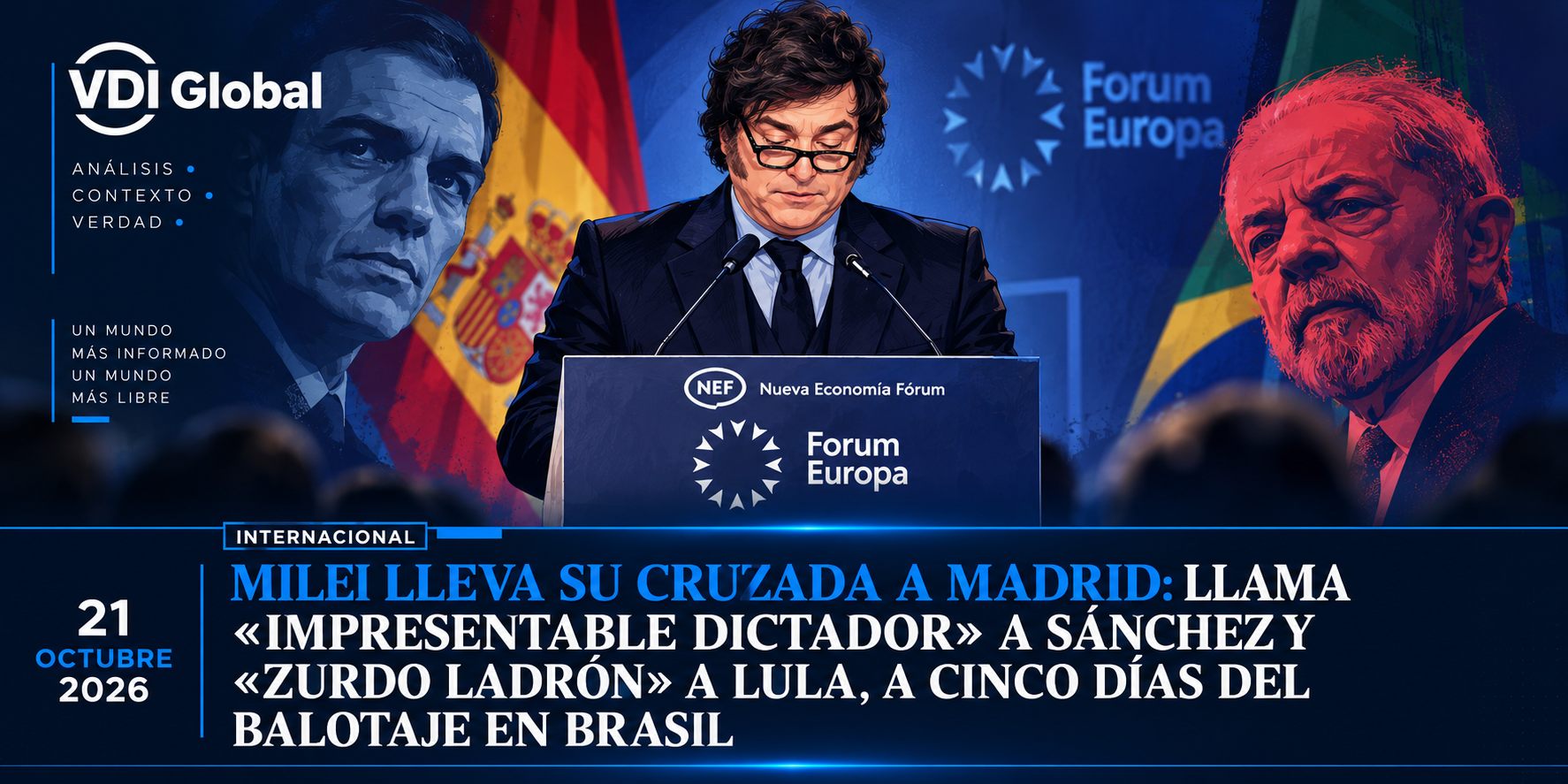 MILEI LLEVA SU CRUZADA A MADRID: LLAMA «IMPRESENTABLE DICTADOR» A SÁNCHEZ Y «ZURDO LADRÓN» A LULA, A CINCO DÍAS DEL BALOTAJE EN BRASIL