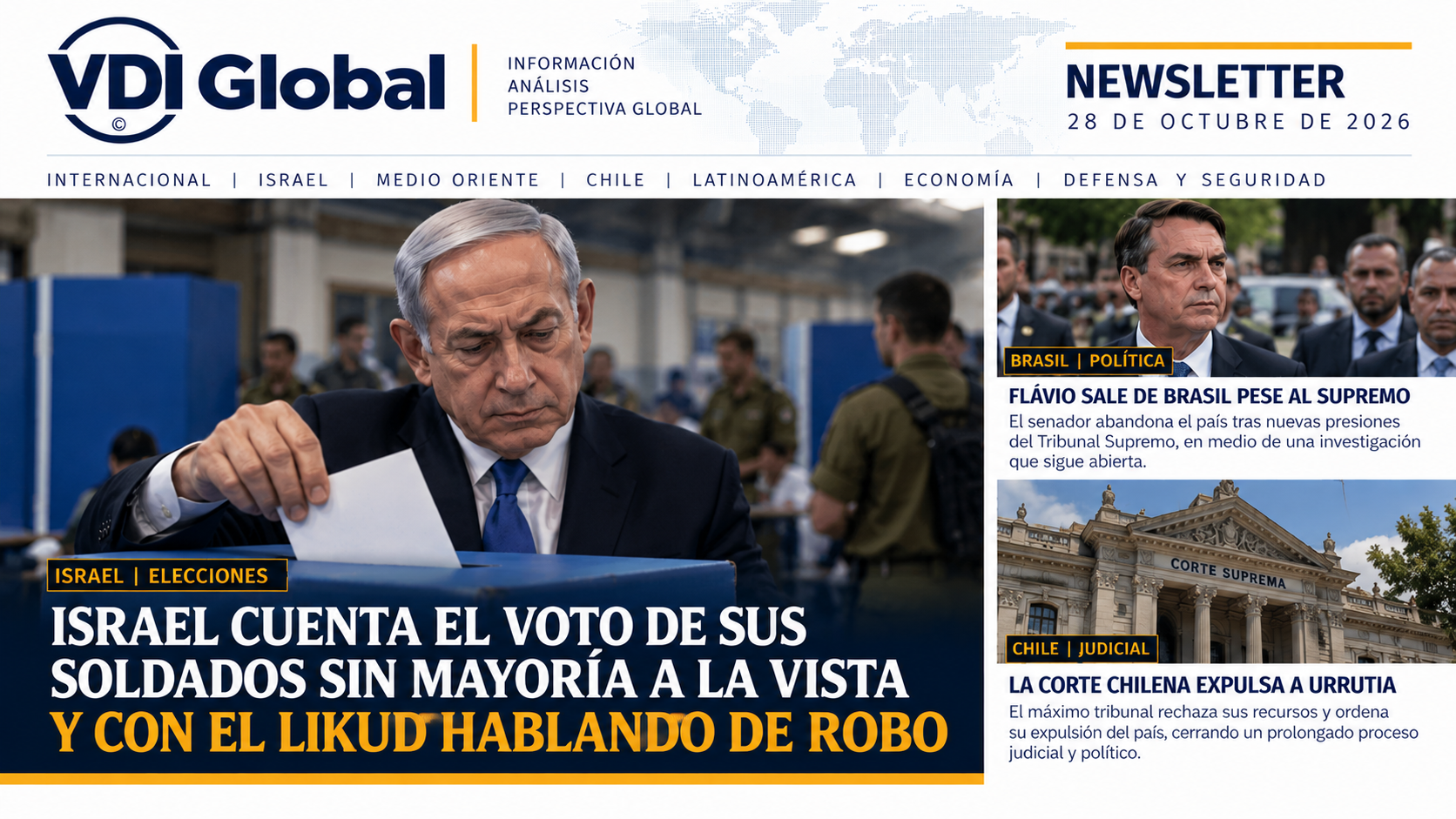 ISRAEL CUENTA EL VOTO DE SUS SOLDADOS SIN MAYORÍA A LA VISTA Y CON EL LIKUD HABLANDO DE ROBO; FLÁVIO SALE DE BRASIL PESE AL SUPREMO Y LA CORTE CHILENA EXPULSA A URRUTIA