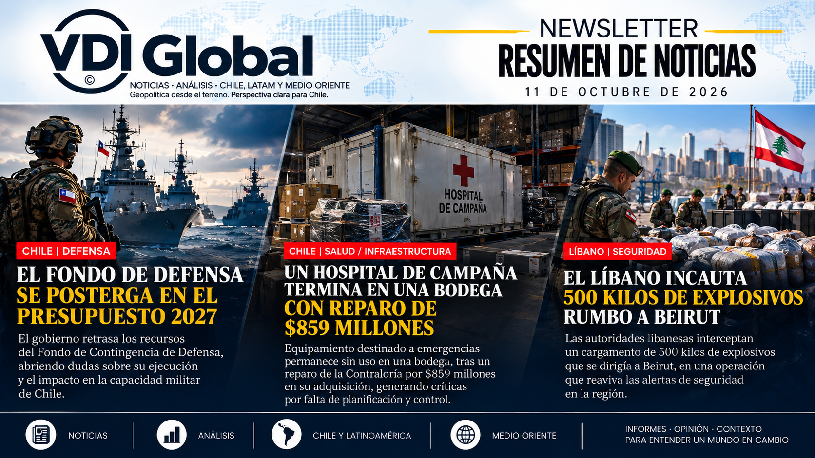 EL FONDO DE DEFENSA SE POSTERGA EN EL PRESUPUESTO 2027, UN HOSPITAL DE CAMPAÑA TERMINA EN UNA BODEGA CON REPARO DE $859 MILLONES Y EL LÍBANO INCAUTA 500 KILOS DE EXPLOSIVOS RUMBO A BEIRUT