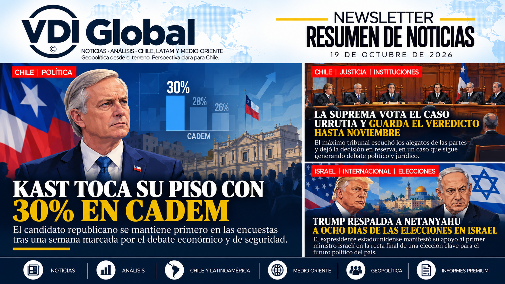 KAST TOCA SU PISO CON 30% EN CADEM, LA SUPREMA VOTA EL CASO URRUTIA Y GUARDA EL VEREDICTO HASTA NOVIEMBRE Y TRUMP RESPALDA A NETANYAHU A OCHO DÍAS DE LAS ELECCIONES EN ISRAEL