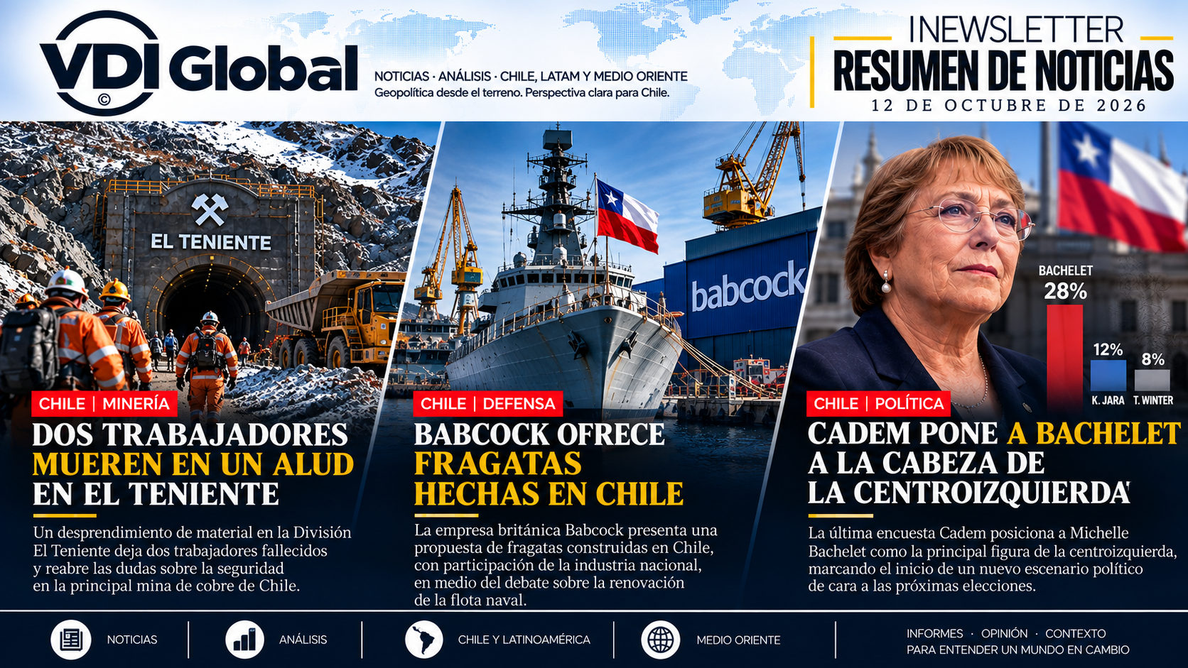DOS TRABAJADORES MUEREN EN UN ALUD EN EL TENIENTE, BABCOCK OFRECE FRAGATAS HECHAS EN CHILE Y CADEM PONE A BACHELET A LA CABEZA DE LA CENTROIZQUIERDA