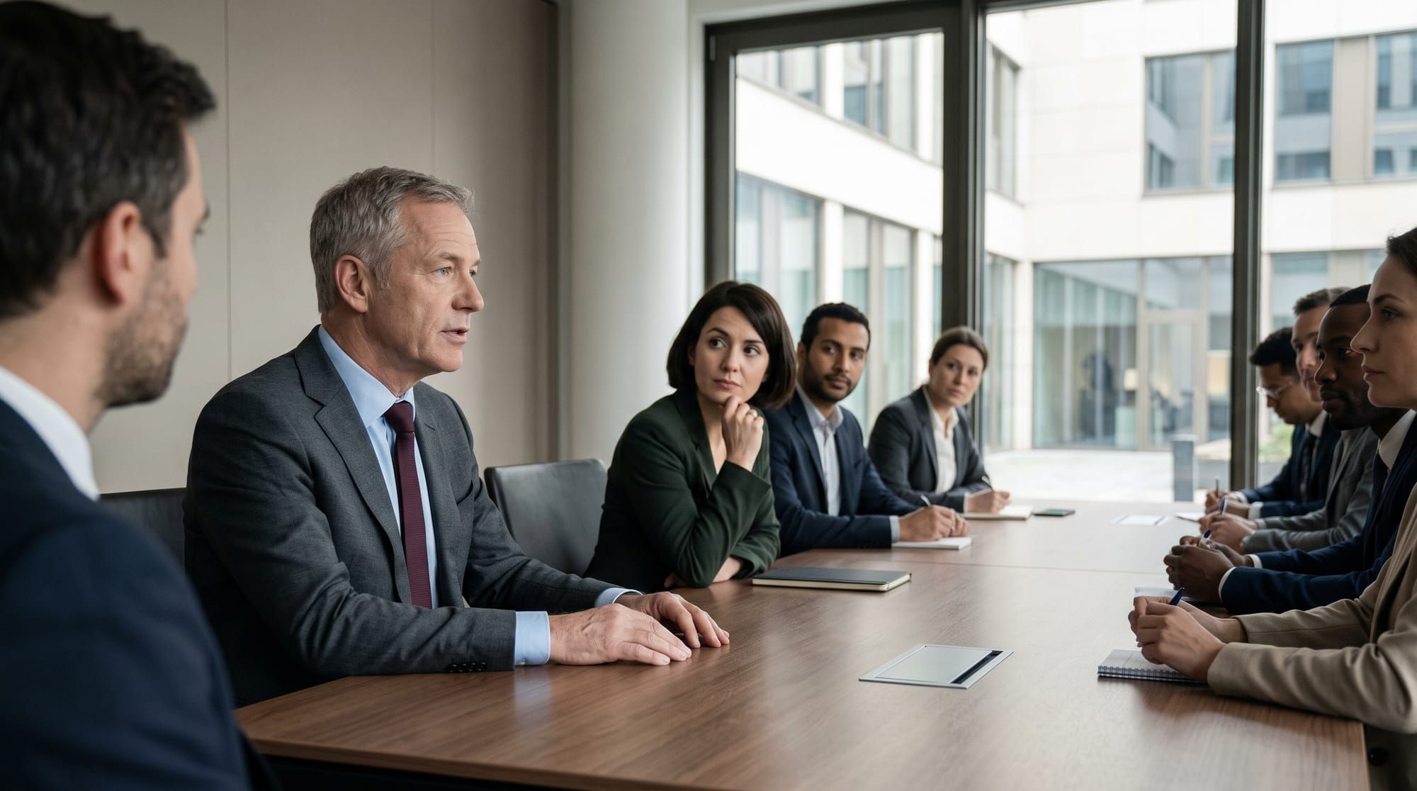 A senior leader speaking across a table while colleagues listen carefully