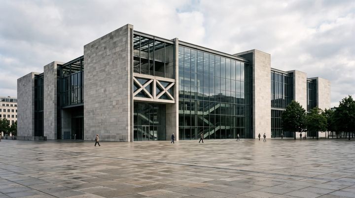 A public institutional building viewed through an open civic square