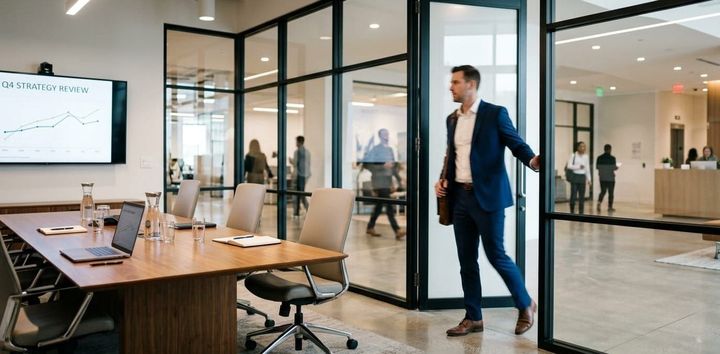A person entering a conference room before a presentation