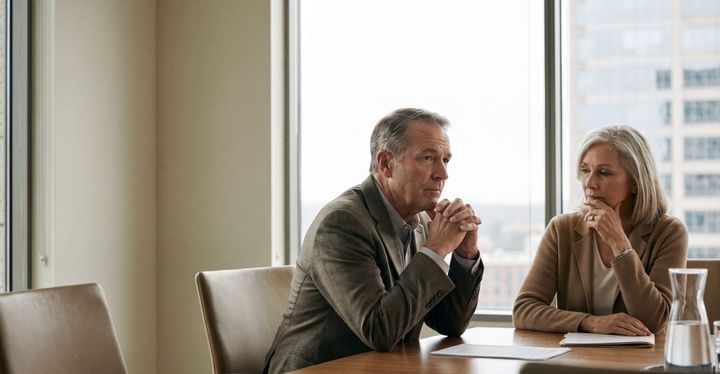 Two colleagues in conversation across a meeting table, one listening carefully before responding
