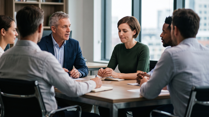 A meeting in which one employee appears ready to speak while others continue the discussion