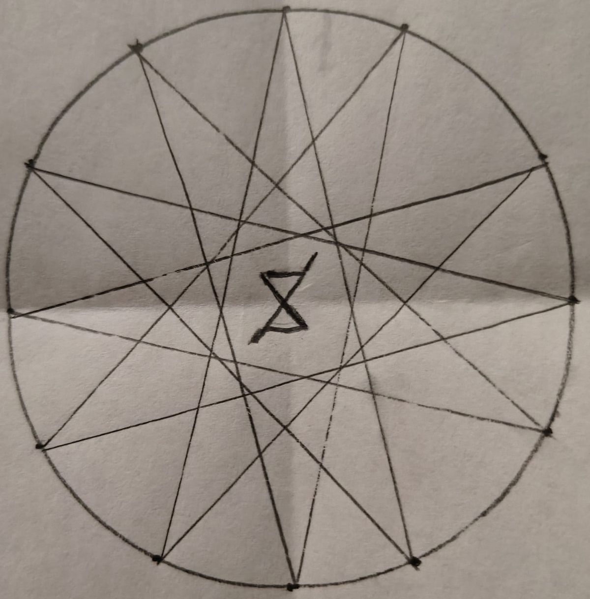 An encircled dodecagram with a central glyph composed of two equilateral triangles sharing a point and extending from a shared axis protruding from both the lower left and upper right corners