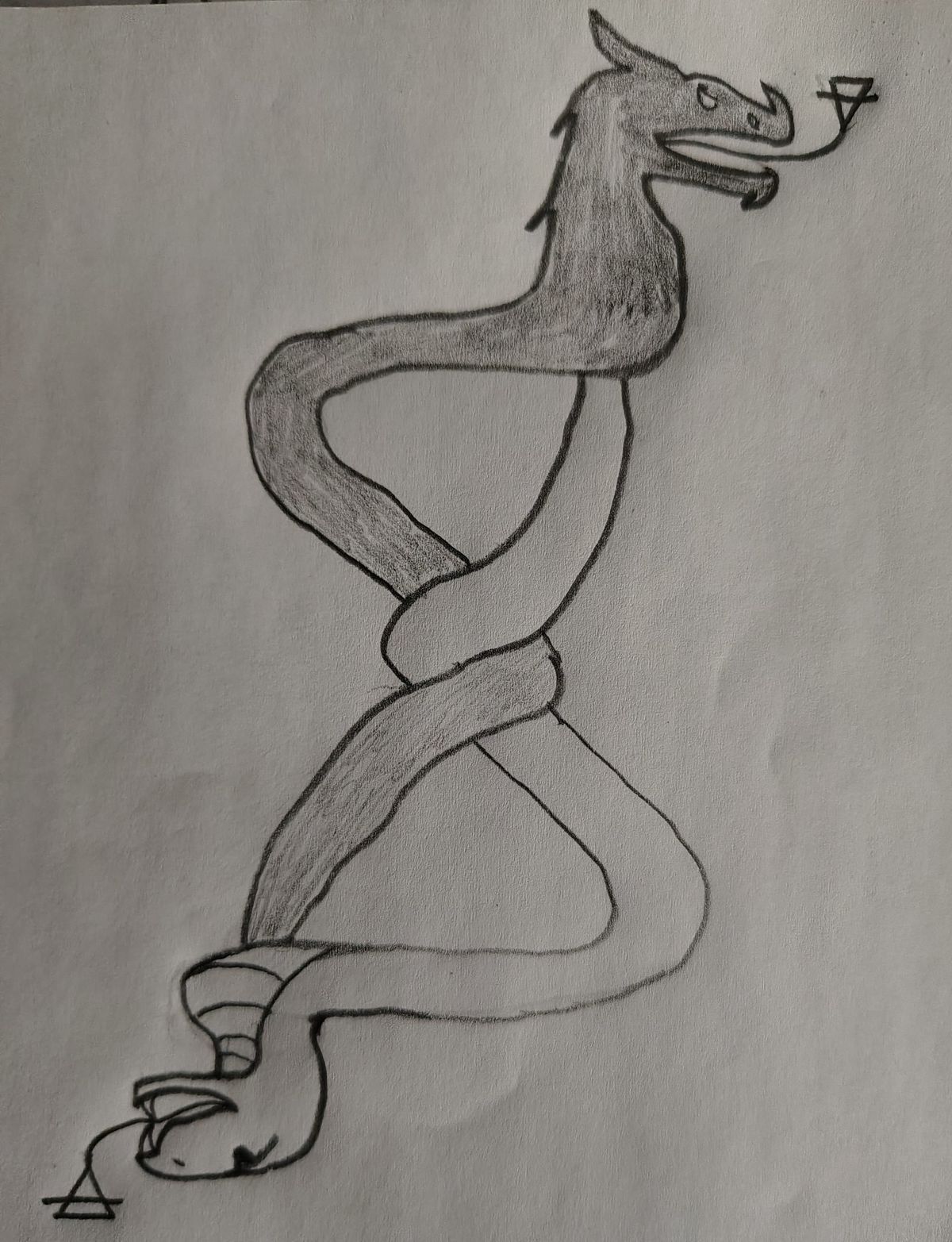 A serpent whose tongue forks into the alchemical symbol of Air intertwined with a dragon whose tongue forks into the alchemical symbol of Earth