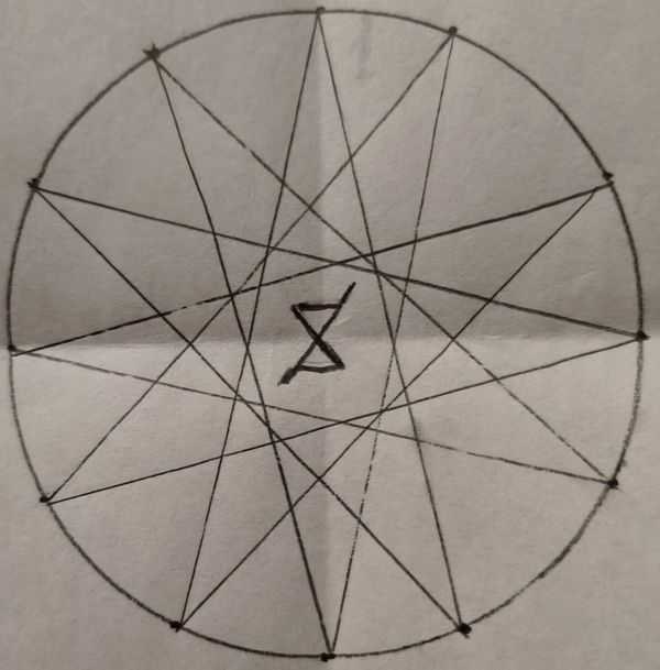 An encircled dodecagram with a central glyph composed of two equilateral triangles sharing a point and extending from a shared axis protruding from both the lower left and upper right corners