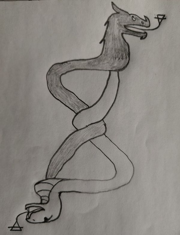 A serpent whose tongue forks into the alchemical symbol of Air intertwined with a dragon whose tongue forks into the alchemical symbol of Earth