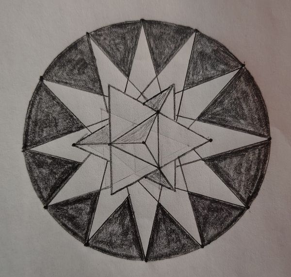 A stellated octahedron atop an inscribed dodecagram
