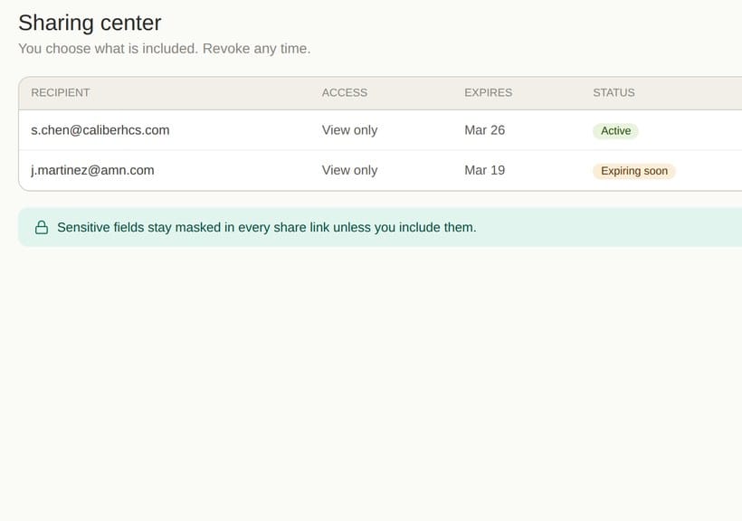 Sharing center with active share links and revoke controls