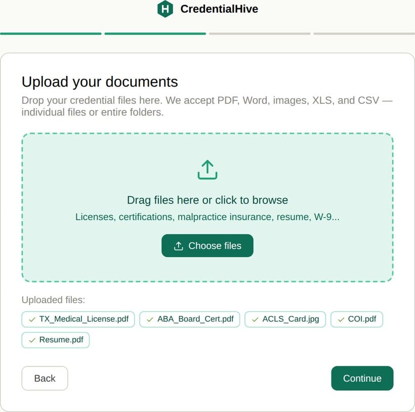 Uploading credential documents to CredentialHive