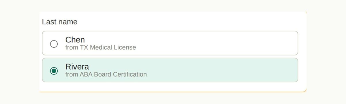 The CredentialHive review screen: two uploaded documents disagree on a last name, and the provider is asked which one is correct.