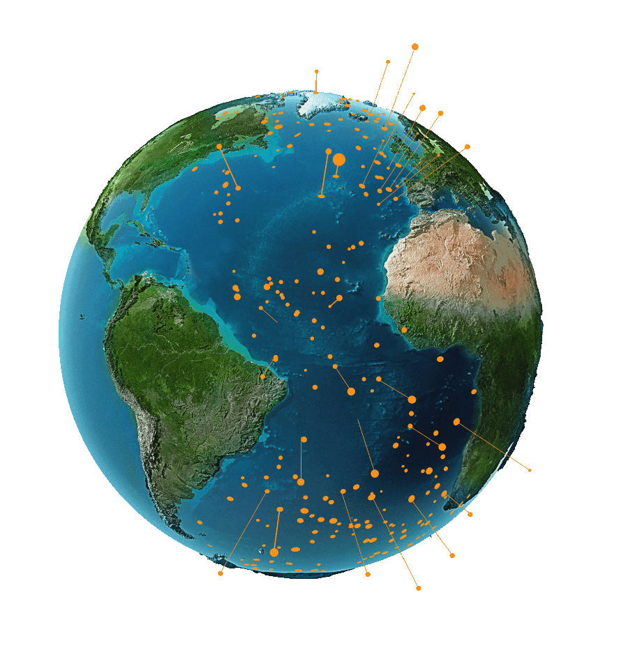 a globe with markings for beacon sites