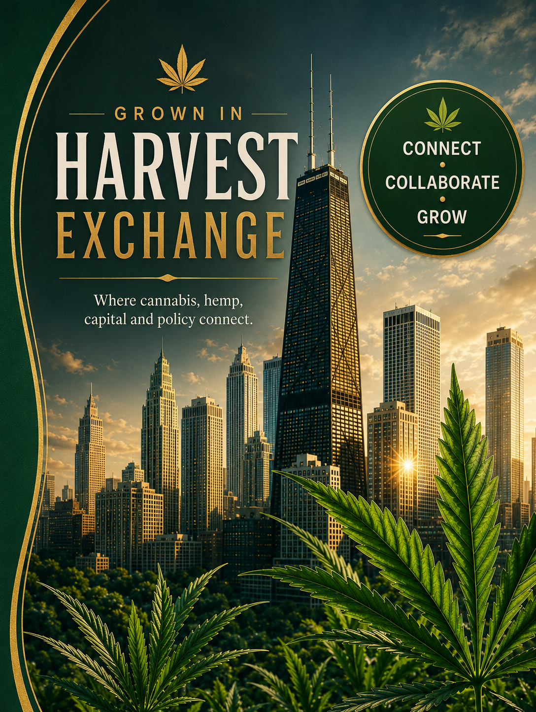 Grown In Harvest Exchange with the Chicago skyline and cannabis foliage
