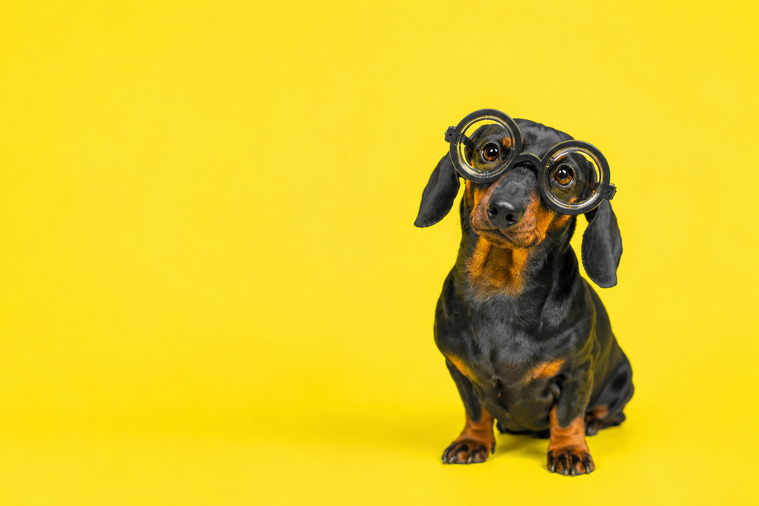 Dachshund in round glasses on yellow background for FAQ section about dog behavior consulting and dog training.