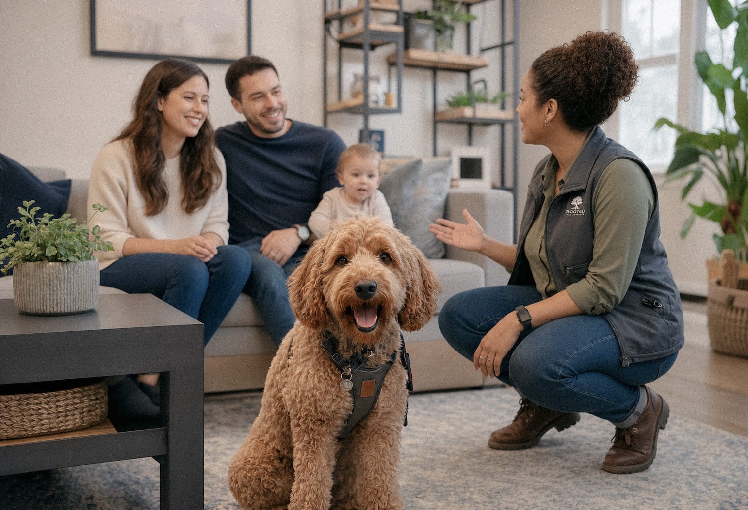 Dog behavior consultant talking with a family in their living room while a Goldendoodle sits in the foreground.