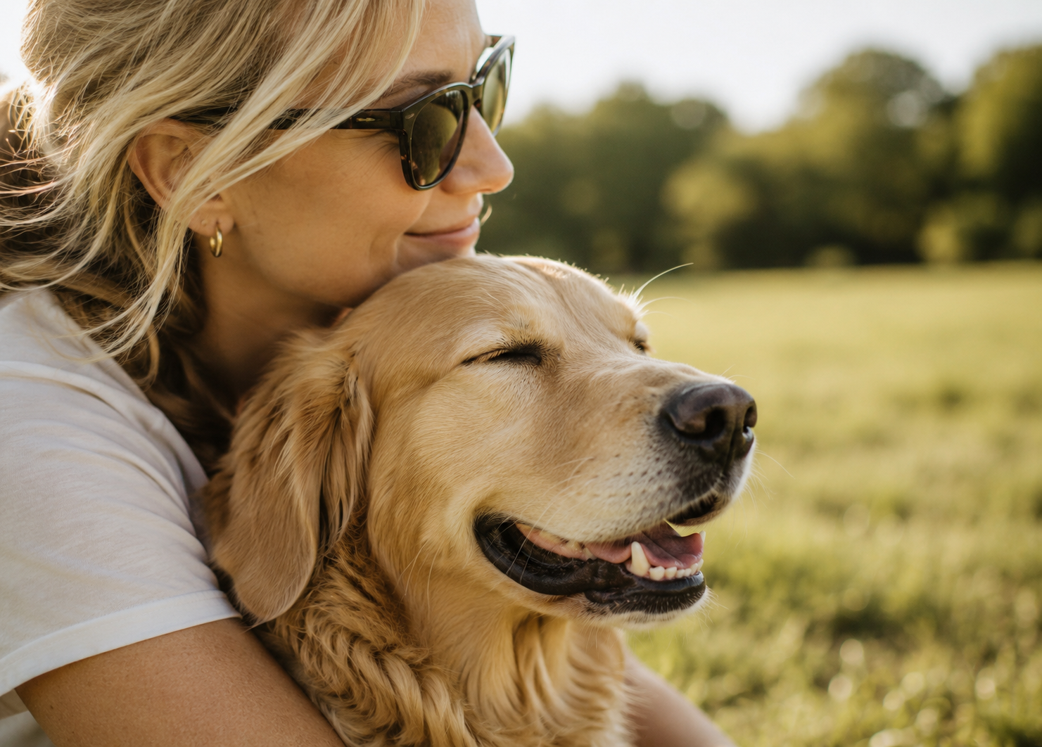 Relaxed golden dog with soft eyes enjoys gentle handling from a blonde woman, illustrating calm canine body language in dog training and behavior work.