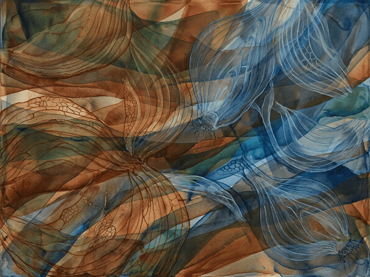 Abstract watercolor painting with overlapping translucent layers of blue, brown, and green