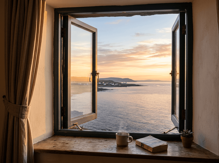 Open window looking out to sea at sunset with a lighthouse on a small island