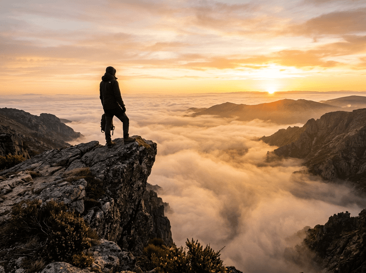 Hiker standing on rocky mountain cliff above clouds during sunset