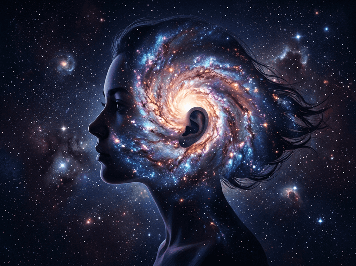 Silhouette of a person with a galaxy spiral inside their head blending into outer space.