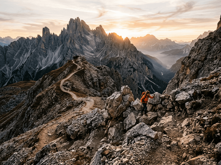 Hiker ascending rocky mountain trail with jagged peaks and sunrise