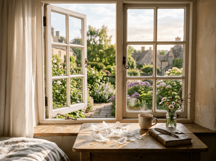 Open window with garden view, wooden table with feathers, cup, flowers, and journal