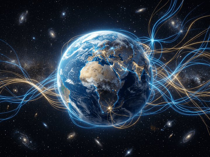 Earth with illuminated cities connected by flowing blue and orange data lines in space