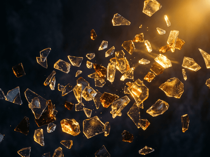 Floating amber-colored glass shards illuminated by warm light