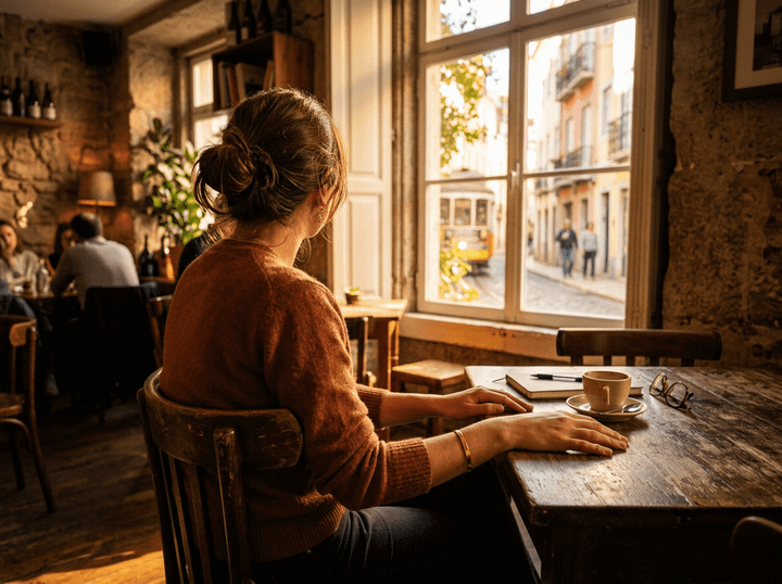 Woman seated at café table with coffee, notebook, and glasses by window
