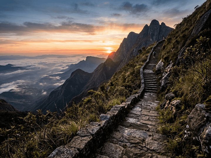 Hiker climbing a stone trail above clouds at sunset