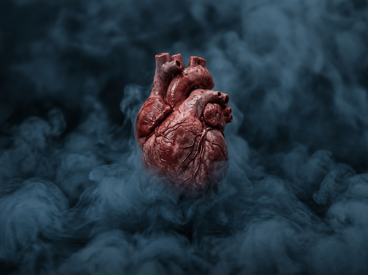 Realistic anatomical human heart surrounded by swirling blue-gray smoke