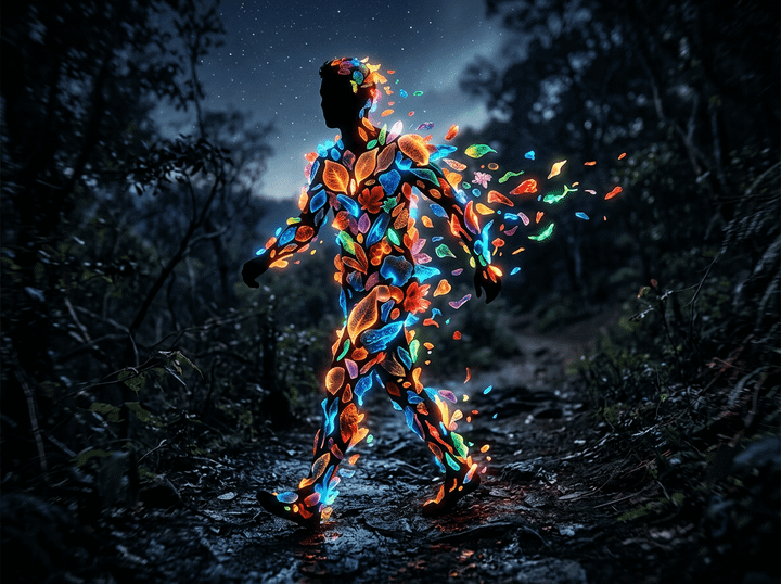 Glowing human silhouette formed from colorful leaves walking through a dark forest