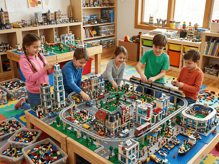 Four children building an intricate LEGO city with trains and roads