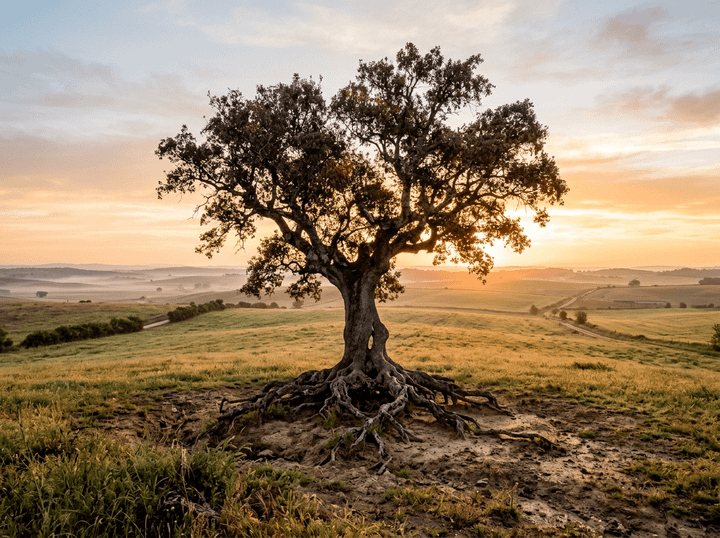 Solitary tree with exposed roots overlooking sunlit rolling fields